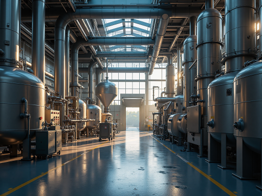 化工厂车间内部，管道设备，反应釜等设施