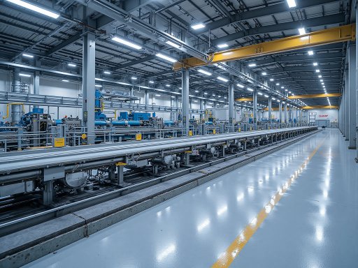 现代化工厂车间内部，大型生产设备，工人操作场景