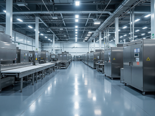 食品加工厂内部，生产线设备，洁净操作环境